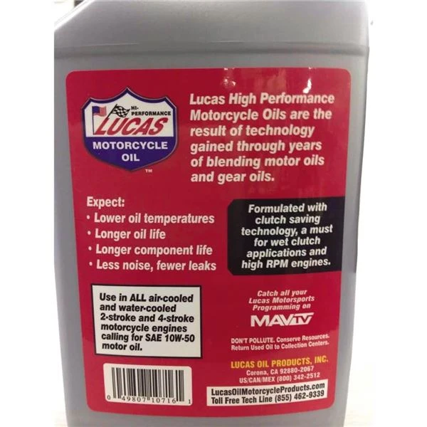 Lucas Oil High Performance Synthetic 10W50 Motorcycle Oil 4 Lucas Oil High Performance Synthetic 10W50 Motorcycle Oil - Image 2