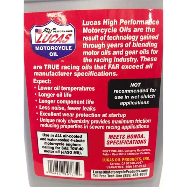 Lucas Oil High Performance Synthetic 4T 10W40 Motorcycle Oil With Moly 4 Lucas Oil High Performance Synthetic 4T 10W40 Motorcycle Oil With Moly - Image 2