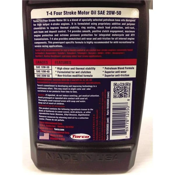 Torco T4 Petroleum Motorcycle 20W50 Oil 4 Torco T4 Petroleum Motorcycle 20W50 Oil - Image 2